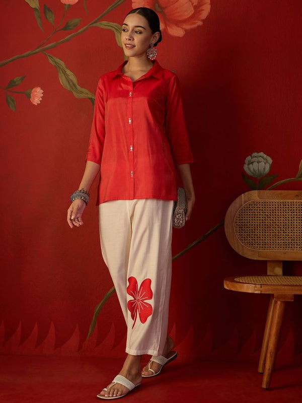 Rust Self Design Shirt Collar Tunic & Trouser Co-Ords