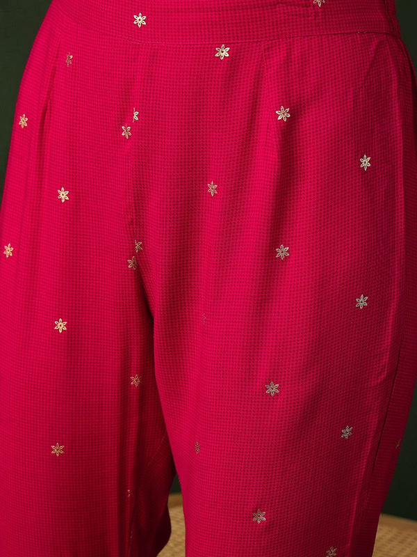Pink Floral Printed V-Neck Straight Kurta With Trousers