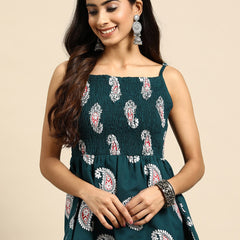 Ethnic Motifs Printed Smocked Cotton A-Line Top