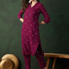 Burgundy Floral Printed V-Neck Straight Kurta With Trousers