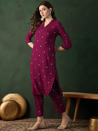 Burgundy Floral Printed V-Neck Straight Kurta With Trousers
