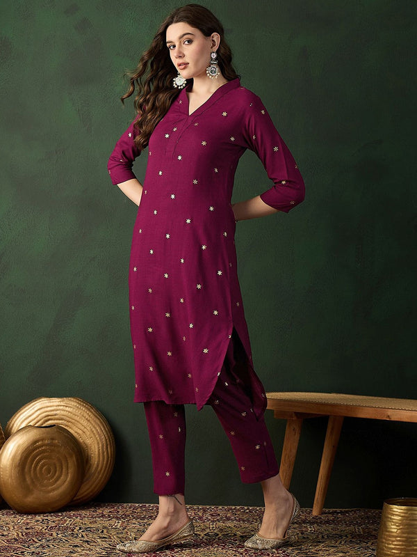 Burgundy Floral Printed V-Neck Straight Kurta With Trousers