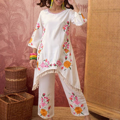 White Floral Embroidered Tunic With Trouser Co-Ords Set