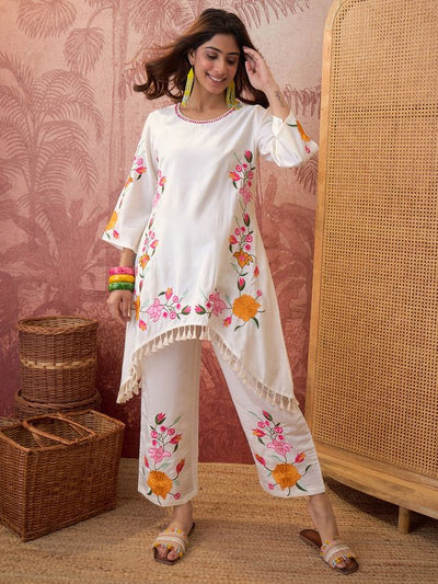 White Floral Embroidered Tunic With Trouser Co-Ords Set