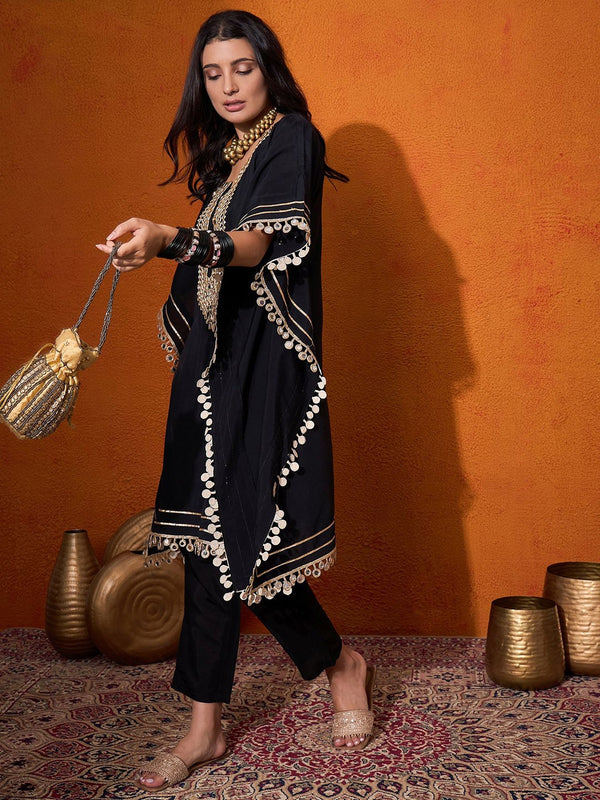 Black Embroidered Kaftan Kurta With Trouser