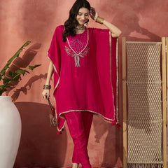 Floral Embroidered Round Neck Kaftan Kurta Set