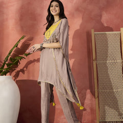 Beige Yoke Design Beads And Stones Round Neck Kaftan Kurta With Trousers