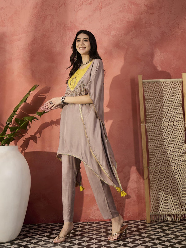 Beige Yoke Design Beads And Stones Round Neck Kaftan Kurta With Trousers