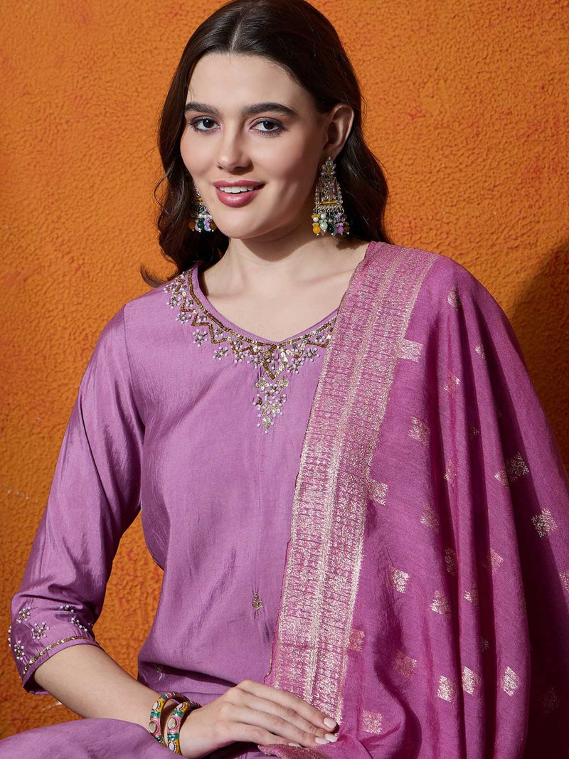 Purple Embroidered V-Neck Straight Kurta With Trousers And Dupatta