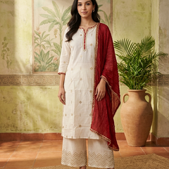 Floral Embroidered & Mirror Work Straight Kurta With & Trousers & Dupatta