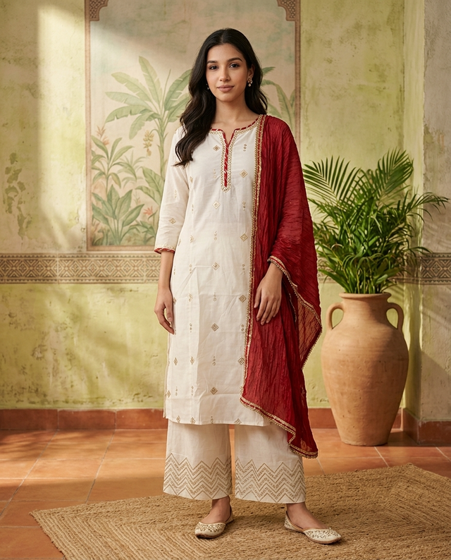 Floral Embroidered & Mirror Work Straight Kurta With & Trousers & Dupatta