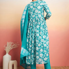 Floral Printed Thread Work Pure Cotton A-Line Kurta & Trousers With Dupatta