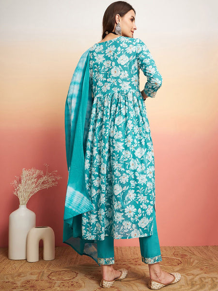 Floral Printed Thread Work Pure Cotton A-Line Kurta & Trousers With Dupatta