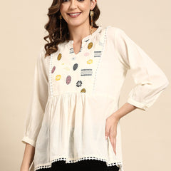Off White Embroidered Pure Cotton Kurtis