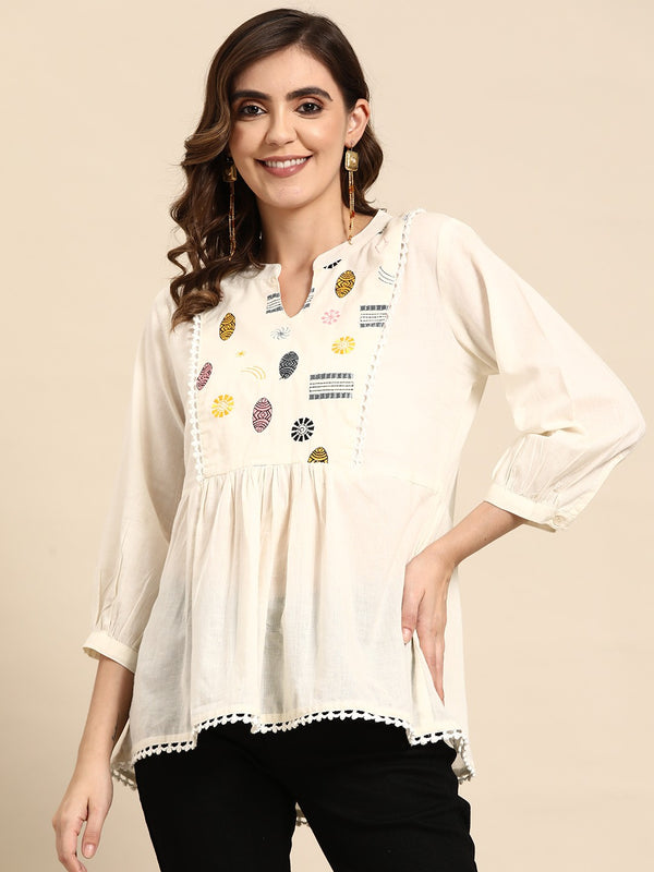 Off White Embroidered Pure Cotton Kurtis