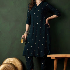 Teal Green Floral Printed V-Neck Straight Kurta With Trousers