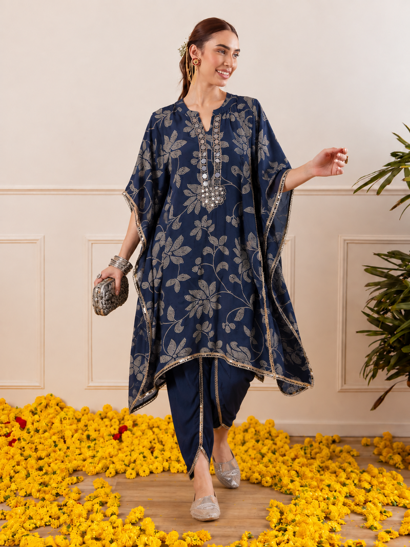 Floral Embroidered Regular Mirror Work Kaftan Kurta with Dhoti Pants