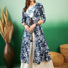 Floral Printed Pure Silk Top & Palazzo Co-Ords With Shrug