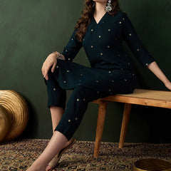 Teal Green Floral Printed V-Neck Straight Kurta With Trousers