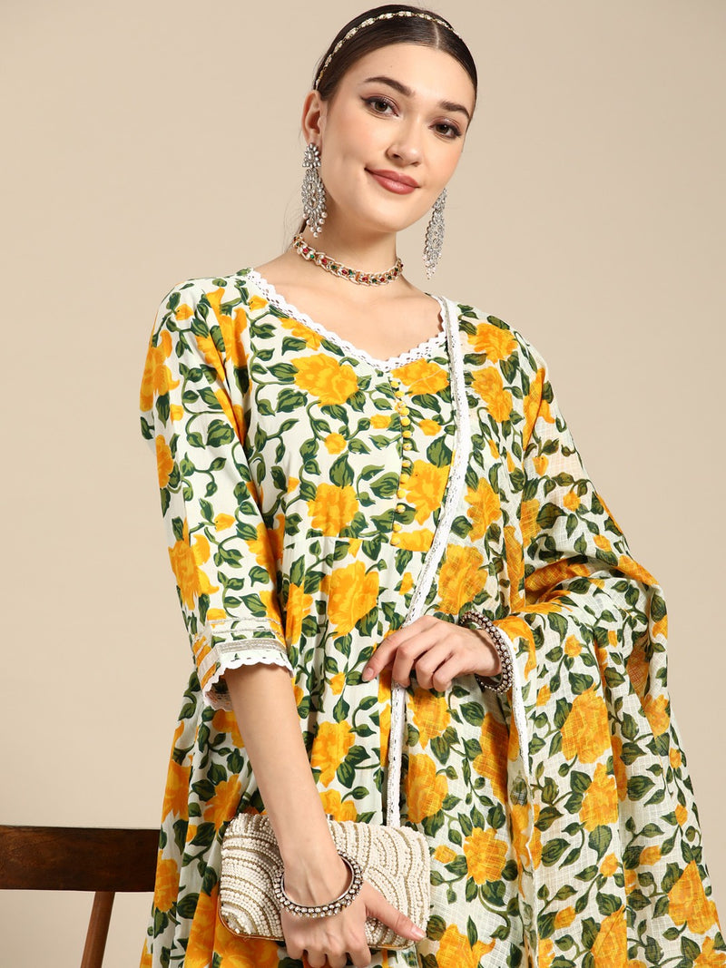 Women Yellow Floral Printed Lace Inserts Pure Cotton Kurta with Sharara & Dupatta