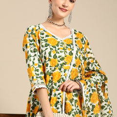 Women Yellow Floral Printed Lace Inserts Pure Cotton Kurta with Sharara & Dupatta