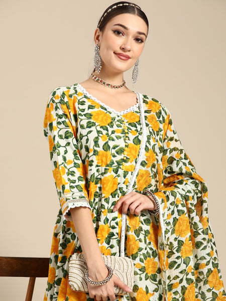 Women Yellow Floral Printed Lace Inserts Pure Cotton Kurta with Sharara & Dupatta