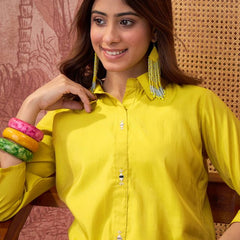 Parrot Green Self Design Shirt Collar Tunic & Trouser Co-Ords