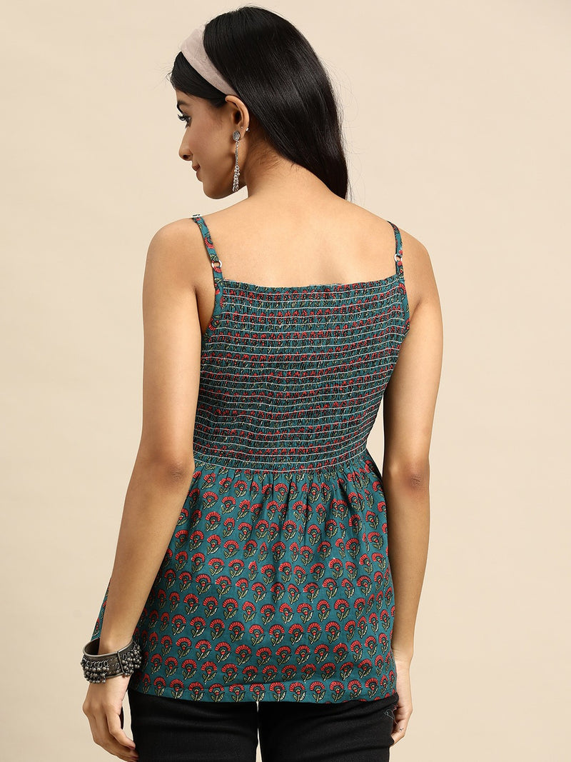 Floral Printed Smocked Cotton A-Line Top