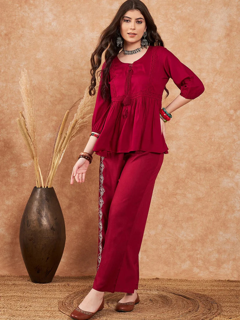 Embellished Lace Up Detail Top & Palazzo Co-Ords Set
