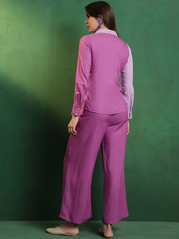 Purple Embroidered Shirt Collar Shirt & Palazzo Co-Ords