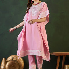 Pink Geometric Embroidered Mirror Work Roman Silk Kurta With Trouser