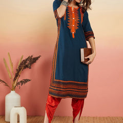Navy Blue Ethnic Motifs Embroidered Thread Work Straight Kurta
