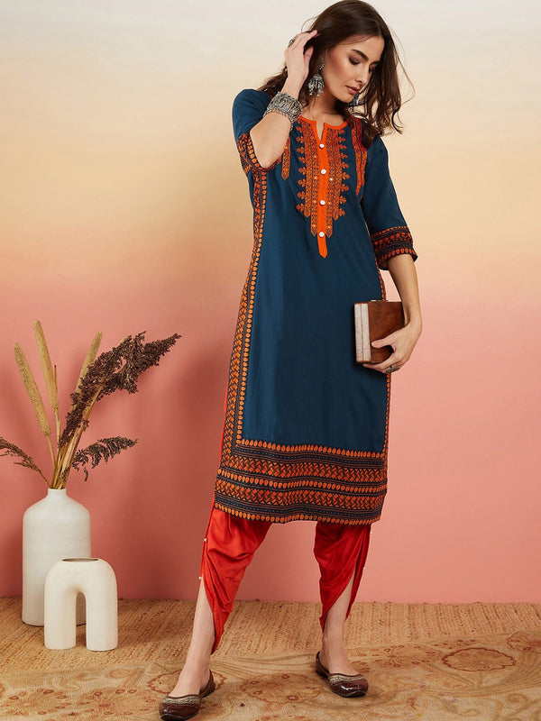 Navy Blue Ethnic Motifs Embroidered Thread Work Straight Kurta