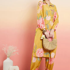 Floral Printed Shirt Collar Mirror Work Pathani Kurta & Trousers