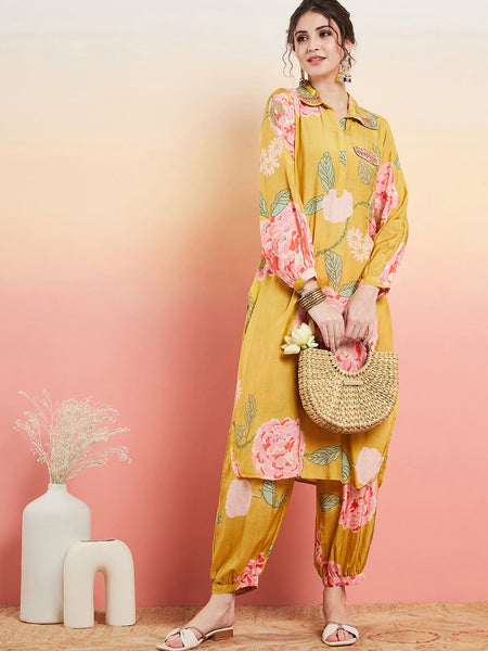 Floral Printed Shirt Collar Mirror Work Pathani Kurta & Trousers