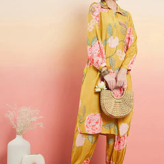 Floral Printed Shirt Collar Mirror Work Pathani Kurta & Trousers