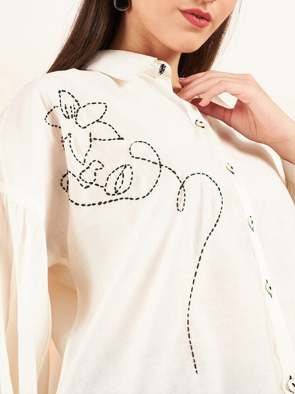 Embroidered Oversized Shirt Style Longline Top