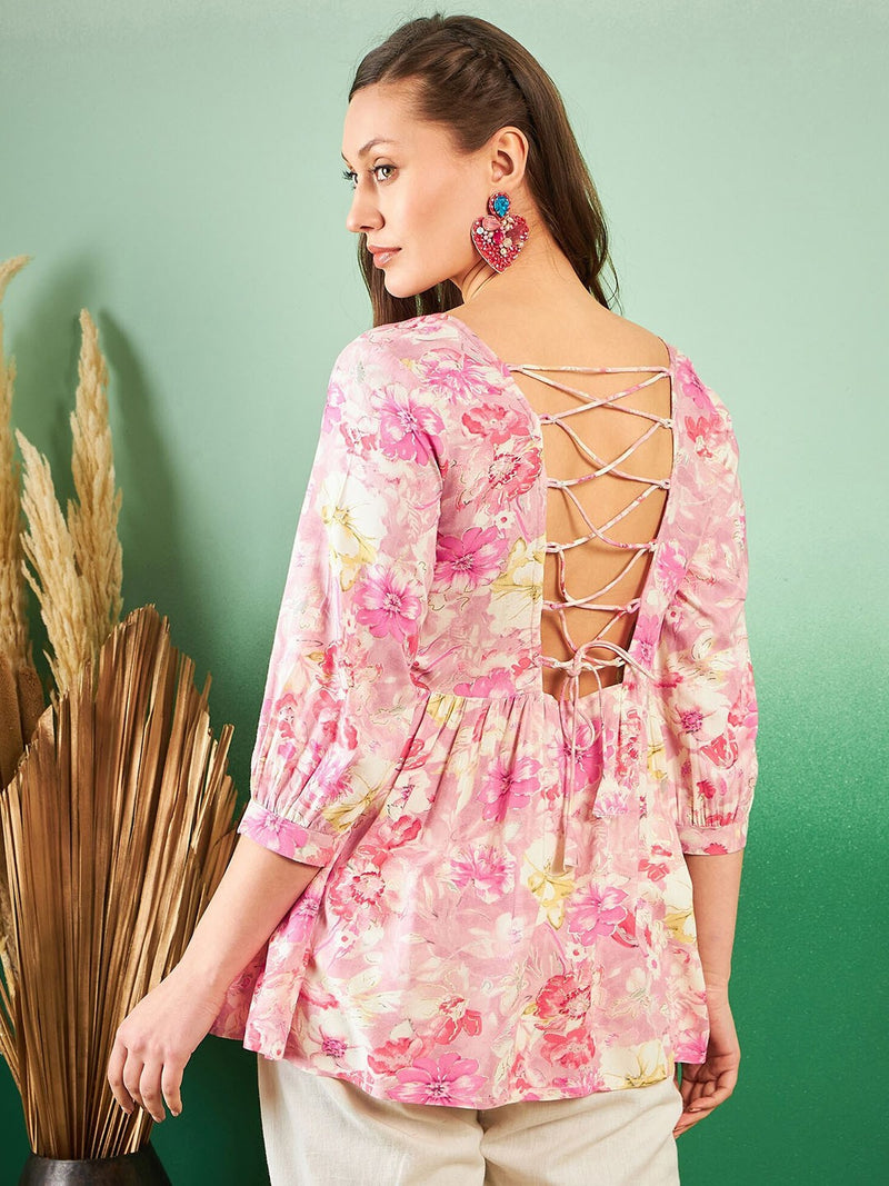 Floral-Printed Pleated Round Neck Kurti
