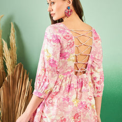 Floral-Printed Pleated Round Neck Kurti
