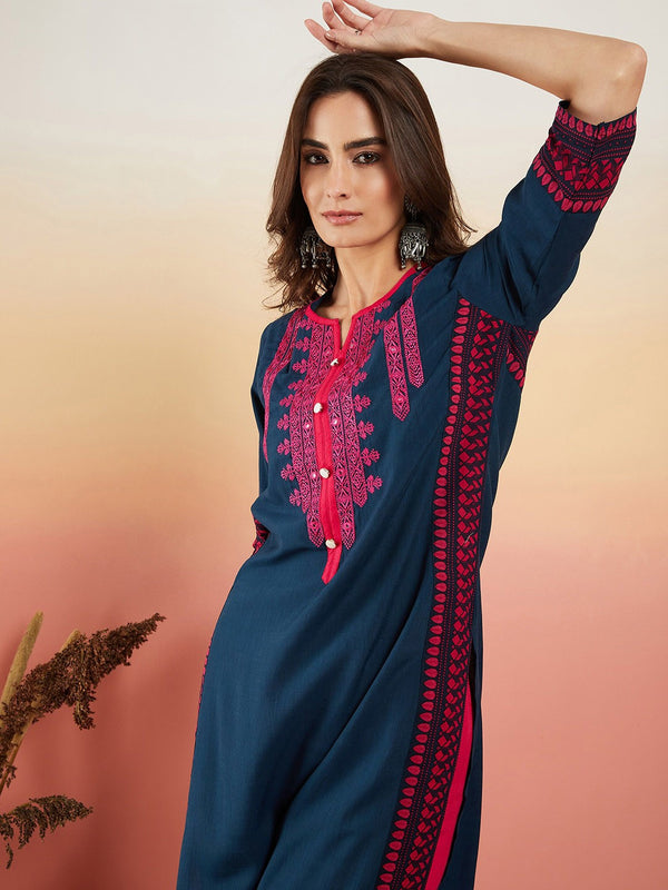 Ethnic Motifs Embroidered Thread Work Straight Kurta
