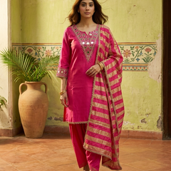 Floral Embroidered & Mirror Work Straight Kurta With & Farsi Salwar & Dupatta