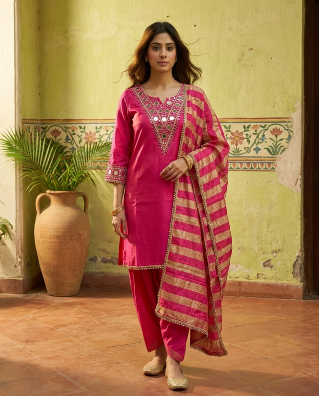 Floral Embroidered & Mirror Work Straight Kurta With & Farsi Salwar & Dupatta