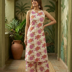 Off White Floral Printed Sleeveless A-Line Kurta With Palazzo Kurta Set