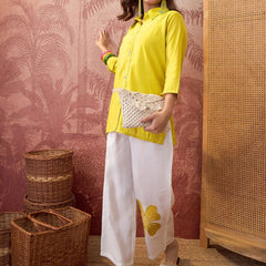 Parrot Green Self Design Shirt Collar Tunic & Trouser Co-Ords