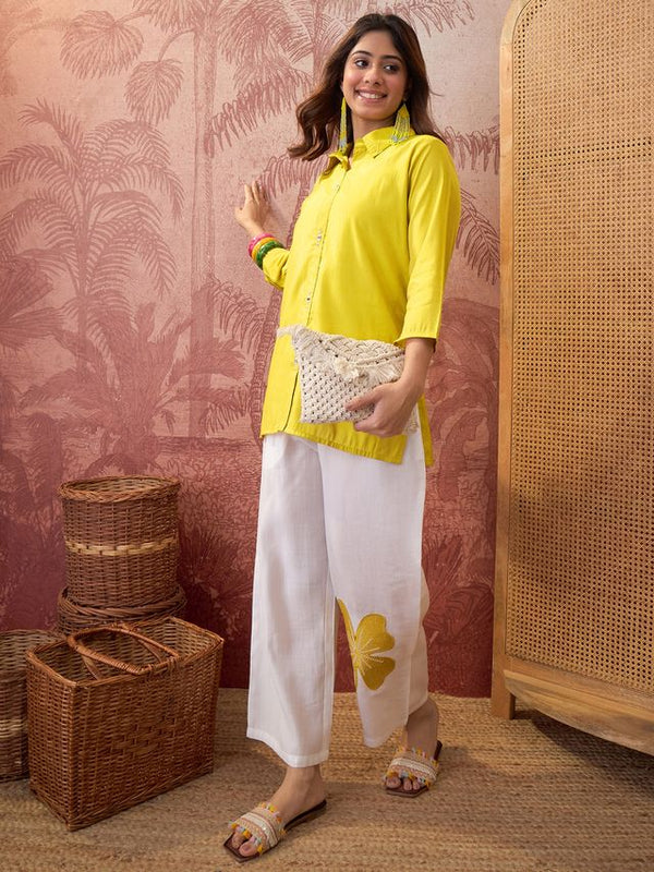 Parrot Green Self Design Shirt Collar Tunic & Trouser Co-Ords