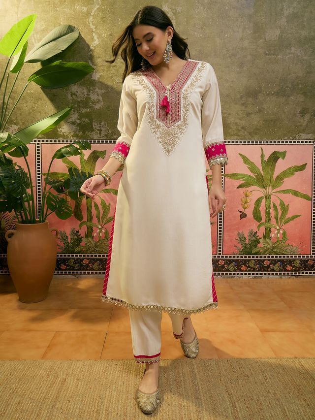 Floral Embroidered & Mirror Work Straight Kurta With & Trousers & Dupatta