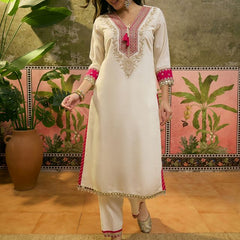 Floral Embroidered & Mirror Work Straight Kurta With & Trousers & Dupatta