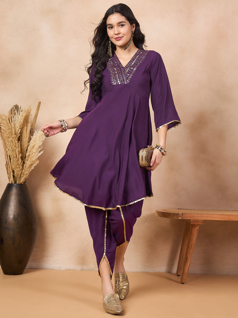 Ethnic Motifs Yoke Design & Sequinned  A-Line Kurta With Dhoti Pants Kurta Set
