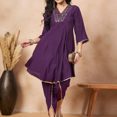 Ethnic Motifs Yoke Design & Sequinned  A-Line Kurta With Dhoti Pants Kurta Set