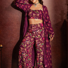Floral Printed Shoulder Straps Top With Palazzo & Shrug